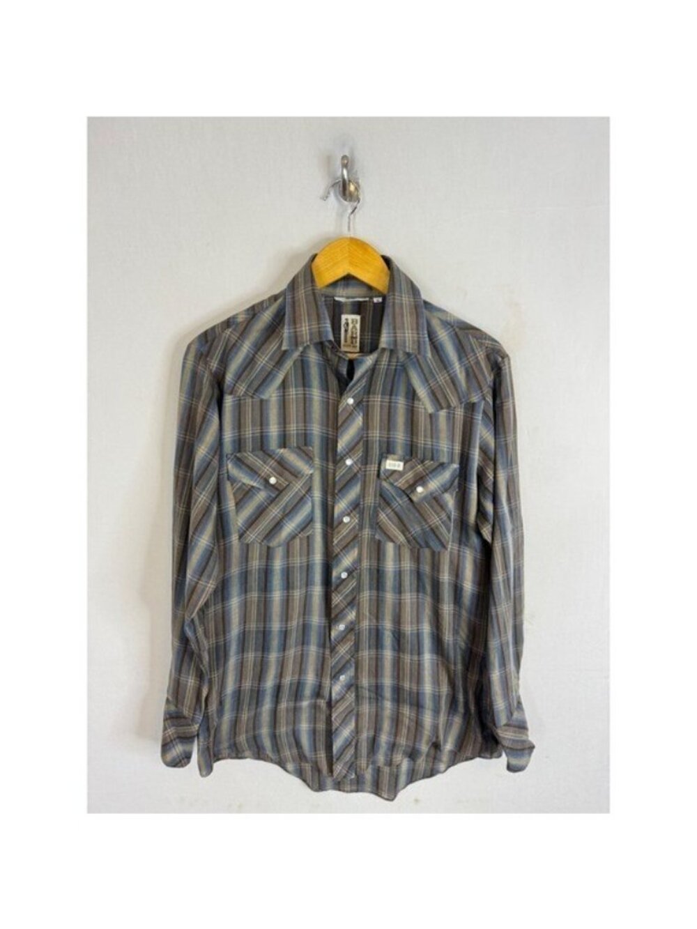 Vintage Bar-B Western Wear Plaid Pearl Snap Shirt Brown Blue Mens M Extra Long